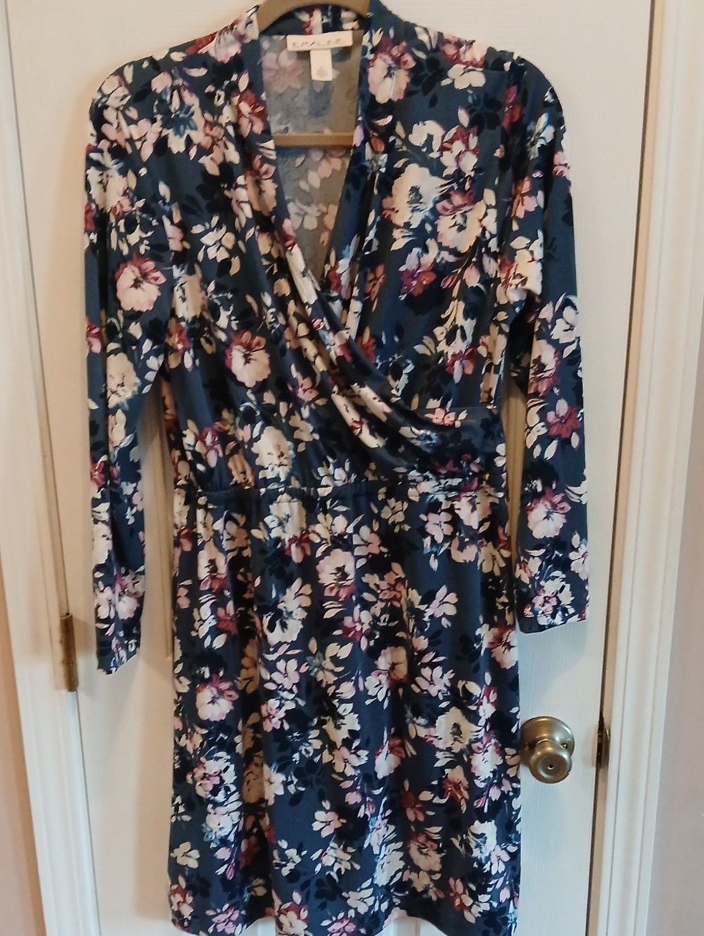EMALINE Floral Wrap-Front Navy Dress with Pink Accents Size M
